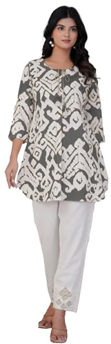 Ladyline Womens 100% Cotton Kurta with Pants 2 Pcs Co-ord Set - Printed Hand Work Tunic Set - Ethnic Kurti Pant Set (CPEKP SRK) (42/ Gray)