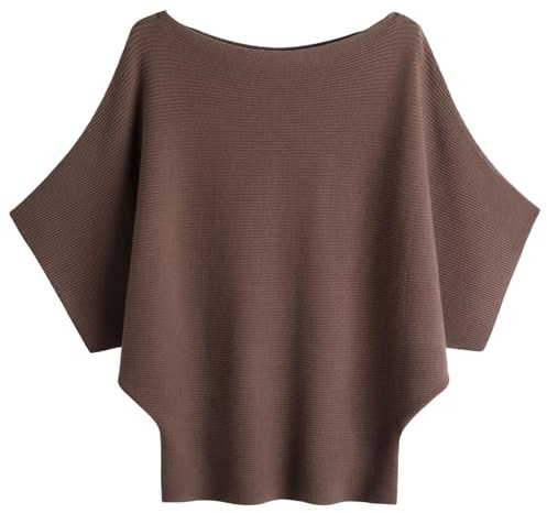 SUNSESS Maglione a mezza manica a pipistrello da donna con scollo a barchetta Dolman lavorato a maglia pullover maglione con spalle scoperte tunica top, Caff, Taglia unica