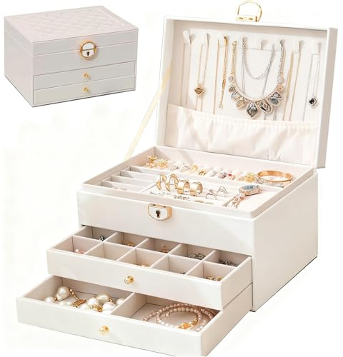 OUWEWIN Jewellery Box, 3 Layer Jewellery Organise with 2 Drawers Leather Jewellery Storage Case Jewelry Boxes for Necklace Earrings Bracelet Ring Accessories (White)