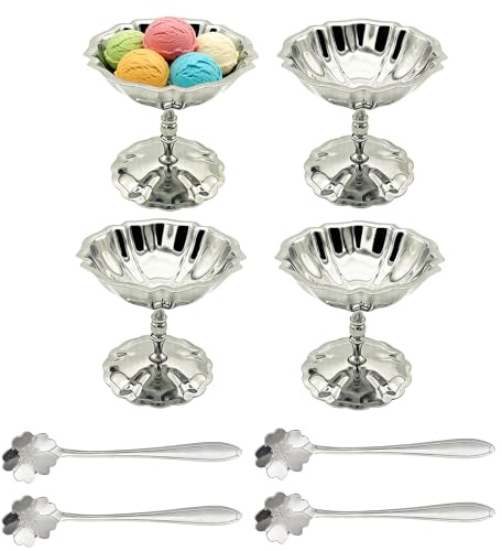 BORDEAG Lot de 4 coupes à glace, en acier inoxydable, 150 ml, 11,5 x 9,5 cm, bols à dessert avec pied, pour crème glacée, dessert avec 4 cuillères en fleurs de cerisier, lotus rond pour hôtel, fête et