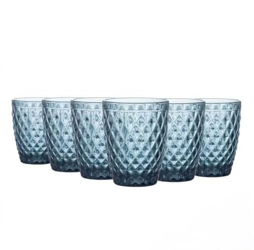 TRESV Set de 6 Vasos de Cristal de 270ml, Vasos de Agua y Bebidas en Azul Grisáceo, Aptos para Lavavajillas
