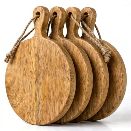 Eleganti mini taglieri in legno con manico e sospensione, 21 x 7,5 x 1 cm, per tapas, snack, verdure e frutta, tagliere, tagliere, tagliere in legno, tagliere piccolo (set da 4 pezzi, rotondo)
