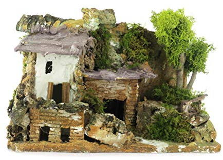 Ferrari & Arrighetti Haus mit Holzschuppen für Krippe, Bertoni Krippen, Holz/Papier/Stuck, 13x25x19 cm