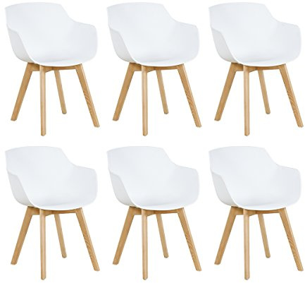 EGGREE 6er Set Esszimmerstühle Skandinavisch mit Armlehne und Starke Buche Stuhlbeine, Modern Design Sessel für Büro Küche Wohnzimmer, Weiß