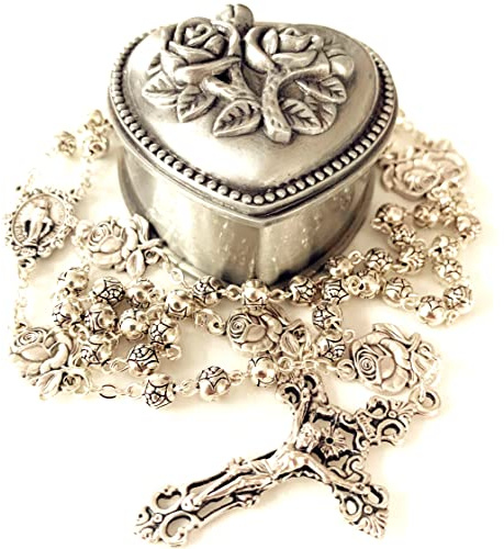 elegantmedical HANDMADE Silver rose beads Catholic 5 DECADE Rosary case Cross Gift Box Italy crucifix cross