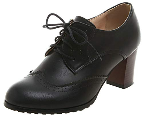 Birdsight Escarpins Creux Sculpté Femmes Talon Bloc Bout Rond avec Lacets Élégant Vintage Brogue Oxfords(Noir 40)