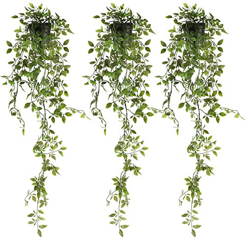 Famibay Set mit 3 künstlichen Topfpflanzen, hängende Reben, grüne hängende künstliche Pflanzen in Töpfen, künstliche Hängepflanzen, Zimmerpflanzen, Hängend für Regal, Wohnzimmer, Badezimmer, Küche,
