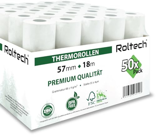 ROLTECH | 50 Thermorollen | 57mm x 18m x 12mm | BPA frei | EC Cash | Kassenrollen | Thermopapier | Bonrollen | Premium Qualität