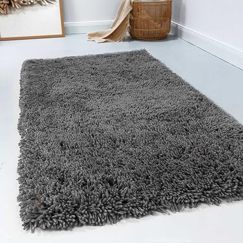 Wecon Home Esprit Tappeto a pelo lungo moderno in 100% lana vergine per soggiorno, camera da letto e cameretta dei bambini, Seattle Shag (90 x 160 cm, grigio)