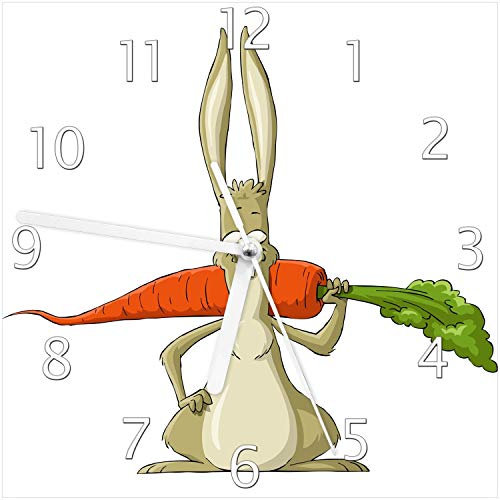 Wallario Design-Wanduhr Lustiger Hase mit Möhre im Comic Stil aus Glas, Motiv-Uhr Größe 20 x 20 cm, weiße Zeiger