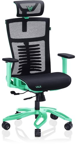 VALK Noma - Atmungsaktiver Netz-Gaming-Stuhl, Ergonomischer Bürostuhl, 3D-Armlehnen, Synchron-Mechanismus mit verschiebbarem Sitz, Aluminium-Stuhlfuß, verstellbare Rückenlehne (Schwarz/Aqua Menthe)
