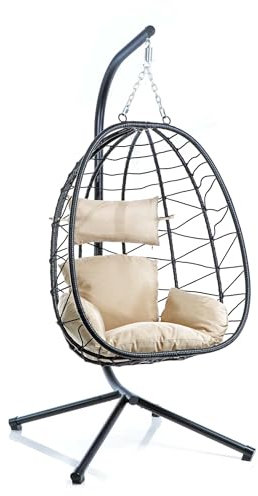 Wiltec Hängesessel für Indoor und Outdoor, Hängestuhl aus Rattan, Korbsessel bis 130 kg, Hängeschaukel mit Gestell und Sitzkissen