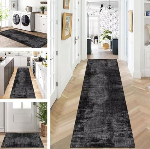 ZUZEKU Abstrakte Läufer Flur Küche Waschbar rutschfest 100X150cm Vintage Schwarz Grau Lang Küchenteppich Flurteppich Teppich Fur Korridor Wohnzimmer Schlafzimmer Meterware Anpassbar