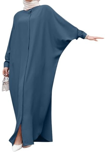 OMEWEE Muslimische Kleider Damen, Abaya, Arabische Kleidung, Gebetskleid Maxikleid Langarm Islamische Türkische Ramadan Ganzkörper Lang Sommerkleid Ohne Hijab Kleider Blau One Size