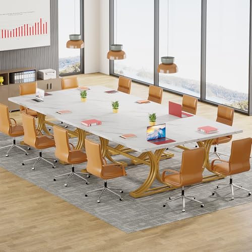 Tribesigns Konferenztisch, moderner Besprechungstisch für 8–10 Personen, rechteckiger Seminar-Tisch für Büro, Konferenzraum, mit stilvollen Beinen (4, Weiß + Gold)
