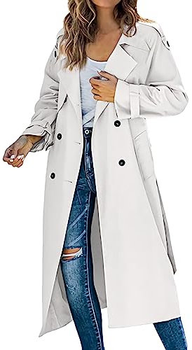 KBOPLEMQ Giacca da mezza stagione da donna, trench doppiopetto, oversize, lungo, leggero, parka con cintura, primavera, antivento, estivo, transizione, elegante, cappotto primaverile, O bianco., XXL