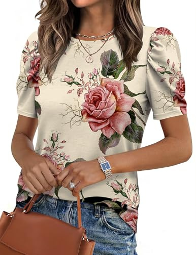 Zeagoo Floral Printed Crew Neck Puff Sleeve Tops for Women Spring Fall Casual Tee Lightweight Loose Fit Blouse XL