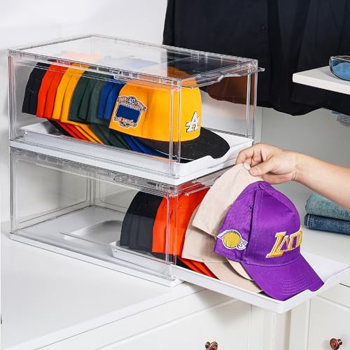 Vtopmart 2 Pack Hat Organizer for Baseball Caps, Clear Hats Holder Box with Drawer, Large Cap Storage with Sliding Tray, Stackable Rack Display Case with Magnetic Door, Each Holds 12 Hats