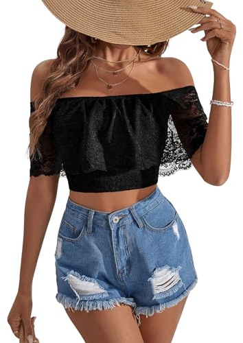 GORGLITTER Damen Top Schulterfreie Oberteile Bandeau Sommertop mit Spitze Kurzarm Tshirt Bauchfreies Freizeittop Rückenfreie Spitzentop Casualtop Schwarz M