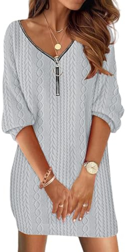 Robe Pull Hiver Col en V Femme Chic Élégant Tricot à Manches Longues Pull Femme Manches Longues Robe Tricot Pullover Chaud Casual Automne Hiver