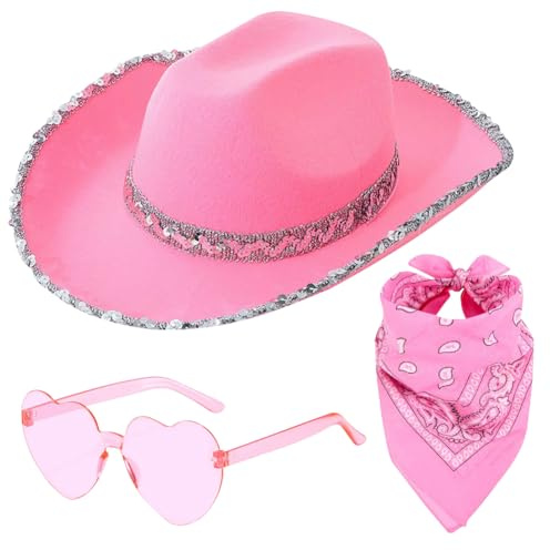 WFKKMEQ Cowboy Hut für Damen, 3PCS Cowgirl Hüte Zubehör Set mit Brille Halstuch Breiter Krempe Cowboyhüte Western Cowboy Zubehör Set Cowgirl Kostüm Accessoires für Halloween Cosplay Karneval (Rosa)