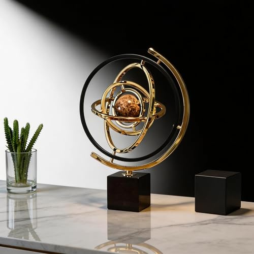 Modern Sculpture Decor Metal Globe Ornament w/ Stand, Abstract Desk Decor