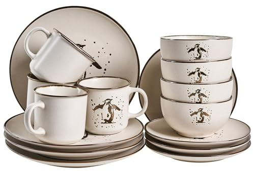 Tafelservice 16-teilig Steinzeug cremeweiß Pinguin Motiv Geschirrset Cinnamon