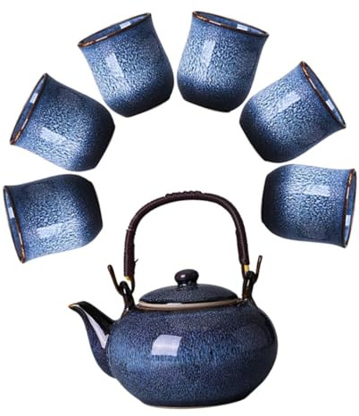 ZUNOXAZ Service à Thé Chinois en Céramique Émaillée 800 Ml Set Kung Fu 1 Théière 6 Tasses 130 Ml Poignée Ergonomique Grosse Capacité Résistant à la Chaleur Cérémonie du Thé et Usage