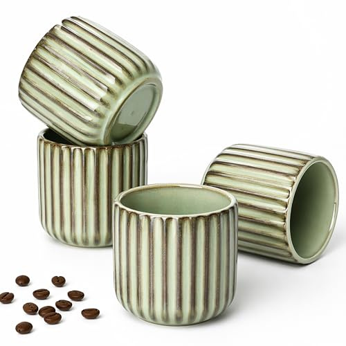 Erkundpresso. - Juego de 4 Tazas de Café y Té, 180ml, Cerámica de Pared Gruesa sin Asa, para Lavavajillas, Aislamiento Térmico, Color Gris con Matices Únicos, Diseño Retro, Caja de Regalo Elegante