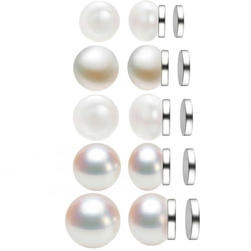 IBXWMNG 5 Paires Boucles d Oreille Magnétiques Femme Perle d imitation Aimant Boucle d Oreille Perle Fausse Boucle d'Oreille Sans Perçage Blanc et Nacré 6mm-10mm Accessoires de Mode Cadeau