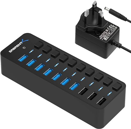 SABRENT Powered USB Hub 10 Ports 60W, 3 Smart Charging Ports, 7 Fast Data Transfer Ports, USB Docking Station with Switches (HB-B7C3)
