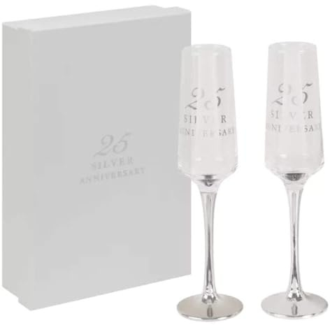 CC Personalised Amore Set of 2 Silver 25th Wedding Anniversary Straight Champagne Flutes with silver stems - Add Your Own Message (Personalised)