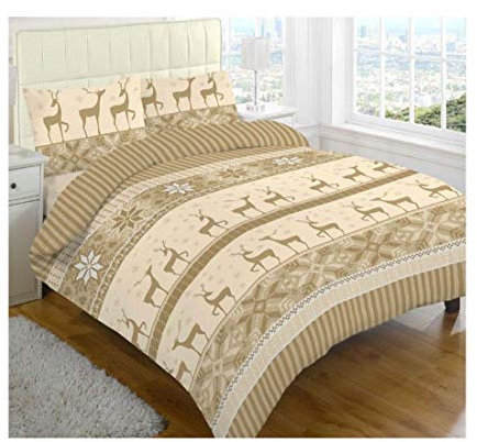 DIGITAL SPOT Luxus-Thermo-Biber-Bettwäsche-Set, Rentier-Motiv, gebürstete Baumwolle, Sheet Set Natural King, King Size