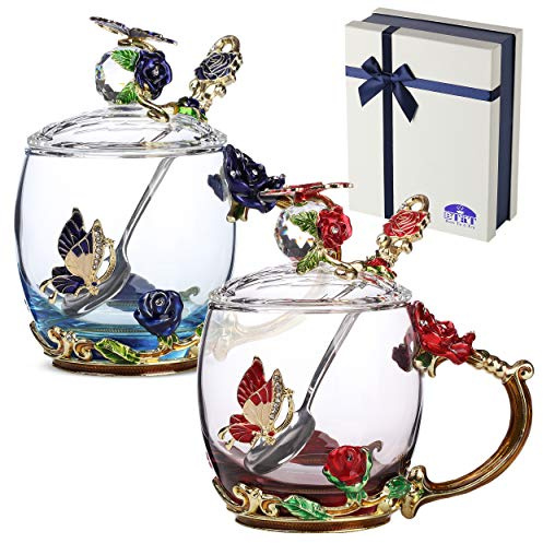 BTaT- Floral Glass Tea Cups with Lids & Spoon Set, Pack of 2, 11 oz, Blue & Red, Flower Design with Gift Box, Fancy Tea Cups, Dishwasher Safe, Mothers Day Gift