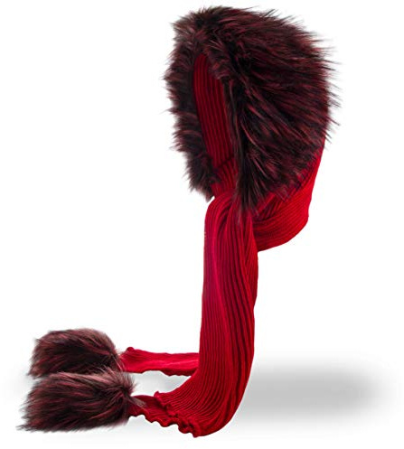 Futrzane Classic Kapuzenschal - Winter Schalmütze Damen - Mützenschal mit Fell (Rot - Kastanienbraun Classic)