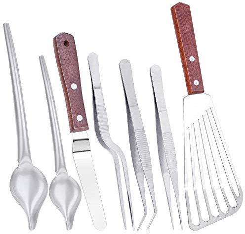Cridoz 7 Stück Edelstahl Küche Kochen Platating Pinzetten Zange Zeichnen Löffel Offset Spatel und Fischspatel für Lebensmittel kulinarische Beschichtungen Dekorieren