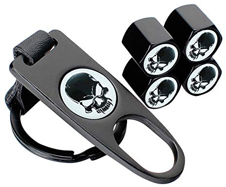 White Background Skull Tyre Valve Dust Caps (4PCS) with Wrench Keychain (1PCS) Universal Tire Wheel Valves Stem Covers with Seal Ring for Car SUV Truck Motorbike Bicycle