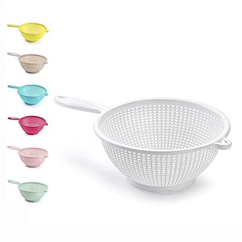 24cm Plastic Colander Basket White, Kitchen Strainer Bowl for Washing & Draining Vegetables, Fruits, Salad, Rice & Pasta, Lightweight Food Drainer with Side Handle