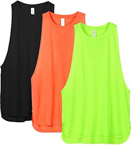 icyzone Women's Workout Tank Top Lightweight Athletic Muscle Shirts Loose Fit Sport Gym Yoga Top, Pack of 3(M, Black/Neon Green/Neon Orange)