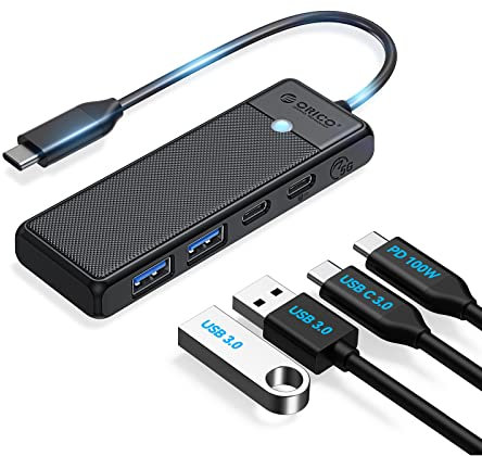 ORICO Hub USB C, Adattatore Multiplo 4 in 1 Con 100W Power Delivery, Porta Dati USB-C, 2 Porte Dati USB 3.0, Splitter Per MacBook Pro, Air, iPad Pro, XPS e Altro