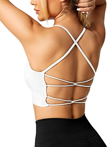 ZAAYO Dam gym bh vadderad crossback fitness sport bh avtagbar bröststoppning yoga toppar stickade sömlösa sportkläder, Vit, M