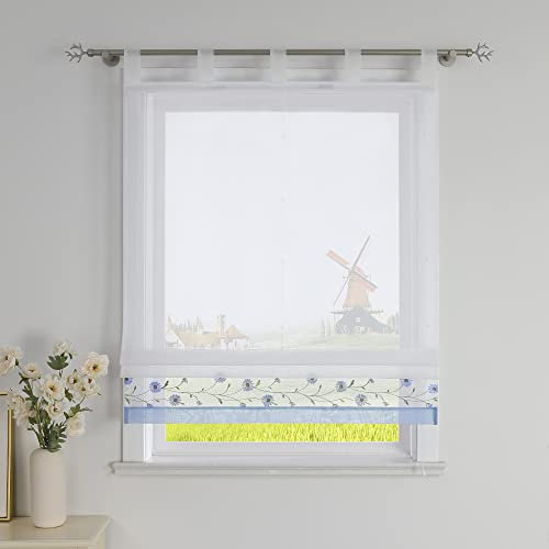 CORLIF Raffrollo mit Schlaufen Modern Raffgardine Küche Schlaufenrollo Leinenoptik mit Blumen Stickerei Transparente Rollo Landhaus Kurz Fenster Schal B/H 80/150 cm Blau #2
