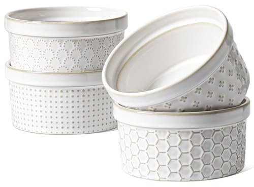 LE TAUCI Lot de 4 ramequins de 355 ml pour crème brûlée, soufflé, sauce à tremper, gaufrage en céramique - 12,2 cm - Blanc arctique