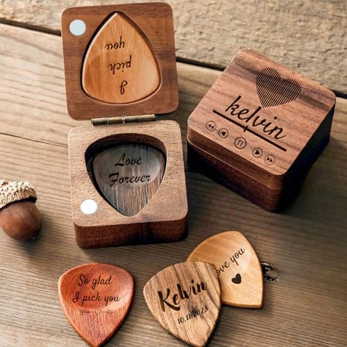 YOJO Gitarrenplektren, personalisierbar, mit Etui, einzigartiges Geschenk für Ihn, Freunde, Sohn, Ehemann, Freund, Kollegen, Geburtstag, Weihnachten (Box + 3 Plektren, Walnuss)