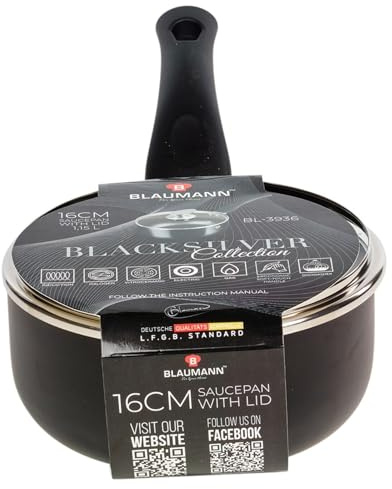 BLAUMANN Cookware Frying Grill Pots Pan Saucepan Casserole Soft Touch Handle Lid (Matt Black, 16x7cm Saucepan with Glass Lid...)