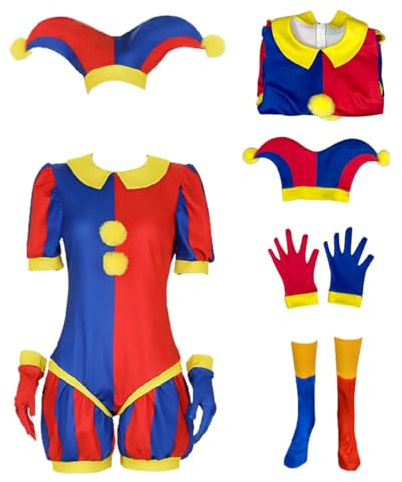 AYYOHON Pomni - Disfraz de Pomni para cosplay, disfraz de circo digital de Pomni para fiesta de Halloween, conjunto de body de payaso para adultos
