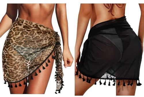 Aiseyi Gonna da Spiaggia Sarong Donna Spiaggia Wrap Grande Chiffon 2 Pezzi Gonna da Spiaggia con Frange Nero/Leopardo