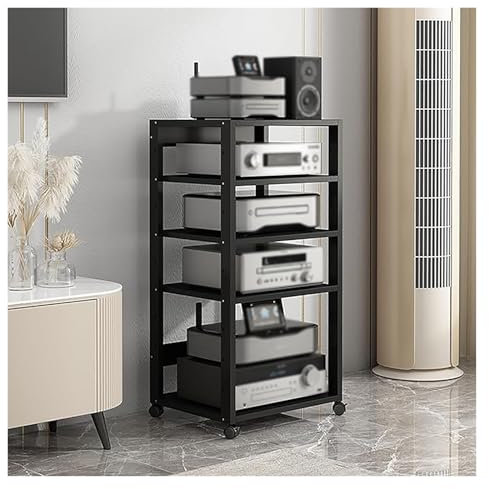 5 Tier Stereo Audio Video Tower Media Cabinet Speaker Stand For Living Room, Record Player Amplifier Receiver Shelf Gaming Console Component Storage Unit Turntable Holder For Office Home Theater(Black