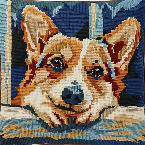 RKFLGEW DIY knüpfen set erwachsene Corgi-Tier knüpfkissen set Fantasie Hund Knüpfhaken-Kissen-Set，DIY-Kissenbezug zum Basteln，bedruckte Leinwand für Anfänger，Stickerei，Bastelkissen 43x43cm