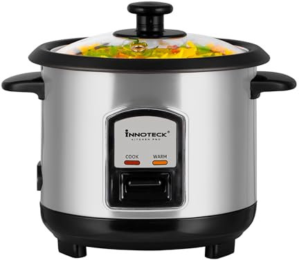 Innoteck Kitchen Pro Stainless Steel Rice Cooker - Removable Non-Stick Bowl - Cook & Warm Function With Indicator Light - Automatic Cooking - Electric Cooker with Measuring Cup & Spatula - 0.8L - 350W